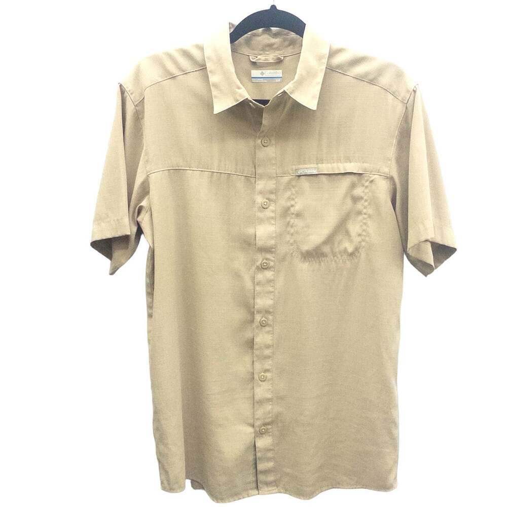 Columbia Mens Short Sleeve Button Down Camp Shirt Tan Chest Pocket Size Small